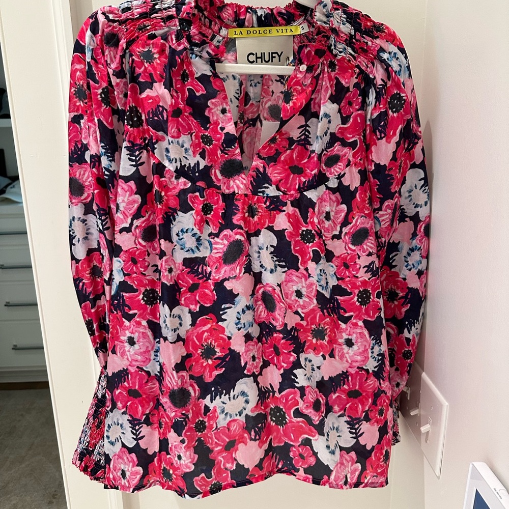 Chufy navy and pink long sleeve blouse